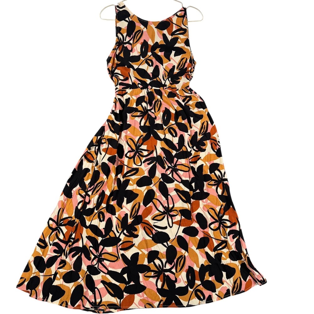 Lush Floral Maxi Dress Medium Sleeveless Open Tie Back Tropical Mustard Pink 579